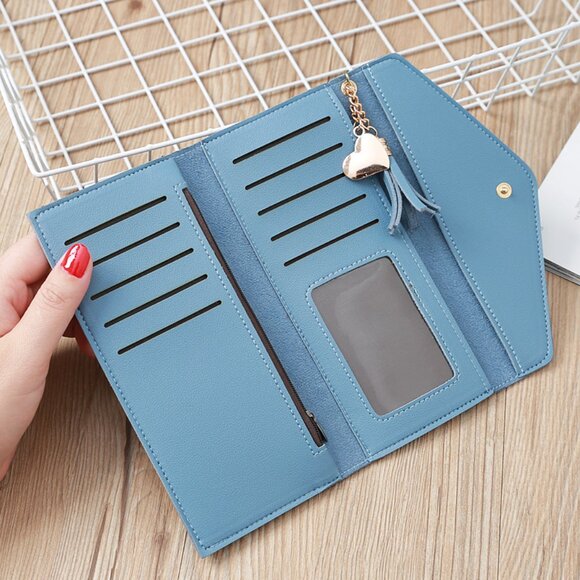 $10 ADD ON ITEM- Blue PU Leather Wallet Clutch Tassel Heart Charm Card Holder - Picture 4 of 6